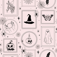 Seamless Halloween Pattern with Spooky Frames, Skulls, Ghosts, Witches, and Mystical Elements