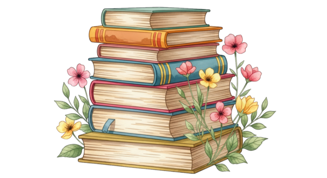 Stack of Colorful Books with Flowers and Leaves pile isolated on a transparent background