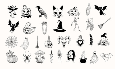 Cute Halloween Elements Set with Coffins, Pumpkins, Crows, Black Cats, Ghosts, Witches, Skeletons, Brooms, Spider Webs, Skulls, Potions, Mushrooms, and Bats