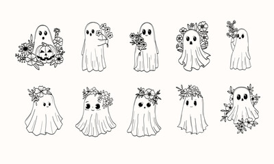 Cute Halloween Ghost Set with Flowers and Spooky Elements