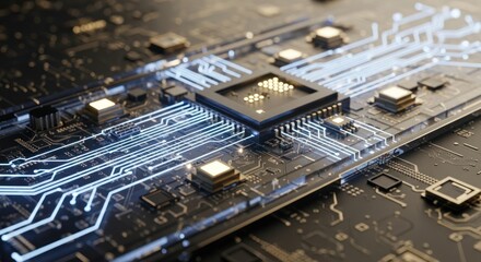 Close-up of a sophisticated digital circuit board with a glowing CPU, intricate data pathways, and interconnected electronic components, symbolizing advanced technology and innovation.