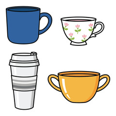 Collection of four different types of mugs and cups for coffee tea or beverages