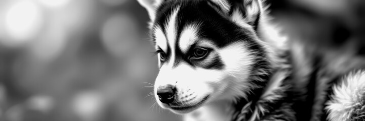 Cute husky puppy with striking features in black and white