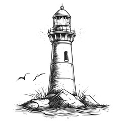 Detailed sketch of a lighthouse on rocks isolated on transparent background. Detailed sketch of a lighthouse on rocks isolated on transparent background. © Md
