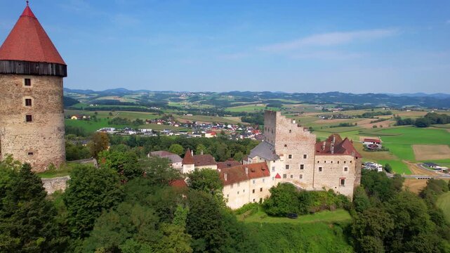 Most scenic medieval castles of Upper Austria- Burg Clam in Wachau valley, Danube river. Historc austrian landmarks. 4k hd drone  video