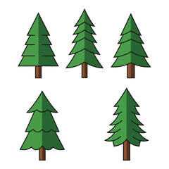 Collection of five stylized green pine trees with brown trunks simple forest elements