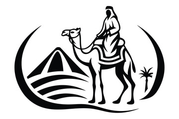 depiction of Bedouin riding a camel near pyramid and palm tree icon style