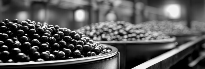 Black olives in large containers at a processing facility