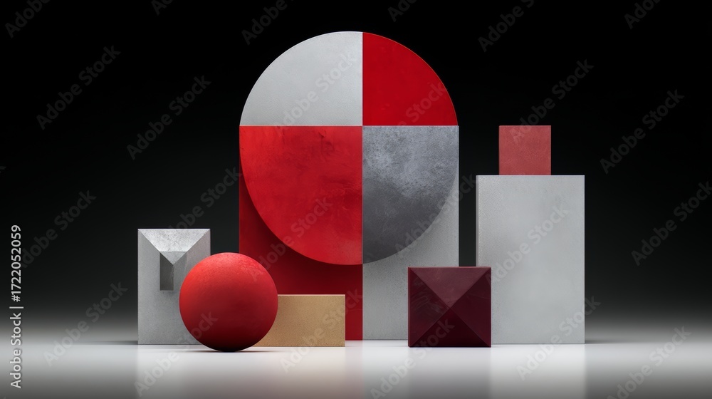 Poster collection of geometric shapes and a red ball. the shapes are arranged in a way that creates a sense