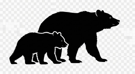 Naklejka premium Silhouette of a mother bear walking beside her cub in a simple black and white illustration
