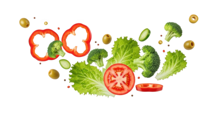 Colorful Salad Ingredients Floating on Transparent Backdrop, Featuring Lettuce, Tomato, Pepper, Broccoli, and Olives for Healthy Eating and Culinary Creations