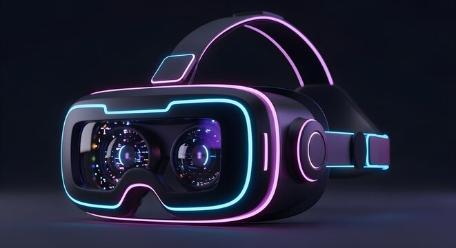 Virtual reality headset glowing with neon light, isolated shot, wallpaper - Powered by Adobe