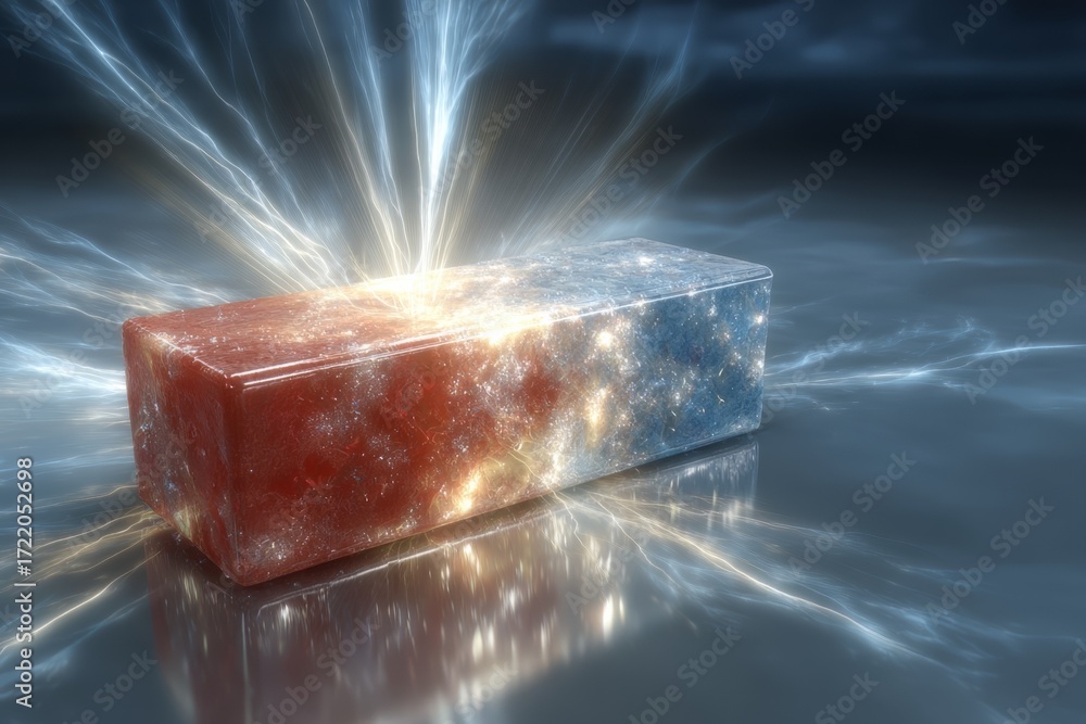 Poster cube with red and blue colors is lit up with a bright light. the cube is surrounded by a blue and re