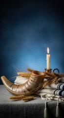 Realistic still life for Yom Kippur with shofar, tallit, candle, honey and apples. Elegant Jewish holiday background.
