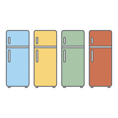 Colorful retro refrigerators arrayed side by side displaying vintage appliance design