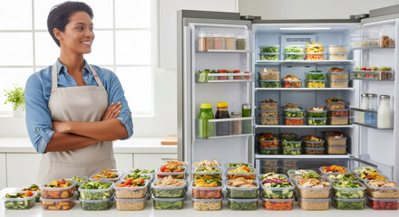 Woman proudly displays her organized healthy meal prep for the week. Stacks of nutritious, pre-portioned dishes promote efficient and balanced lifestyle