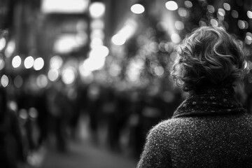 Woman observes a busy street during a festive evening event