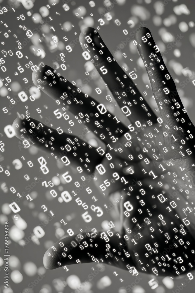 Poster hand is shown in a black and white image with a lot of numbers. the image is abstract and has a futu
