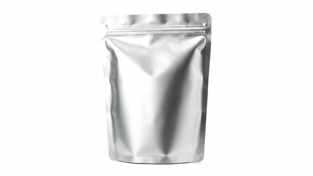 Silver Foil Pouch Packaging Mockup - A studio shot of a blank silver foil pouch with a resealable zipper, isolated on a white background.
