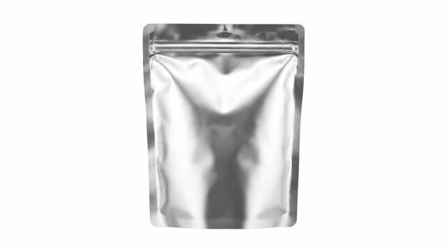 Silver Foil Pouch Packaging Mockup - A studio shot of a silver vacuum-sealed foil pouch with a zipper closure, isolated on a white background. The pouch is empty and ready for your design or branding.