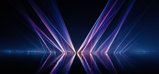 Large, colorful, and reflective image of a body of water with purple and blue lights. The image has a dreamy