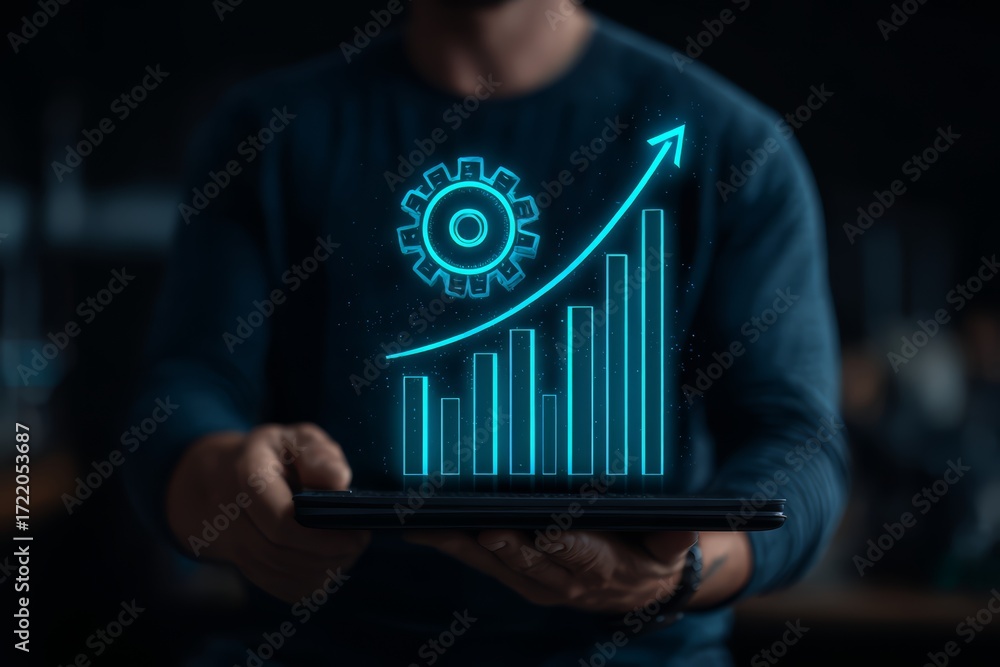 Poster man is holding a tablet with a graphic of a gear and a line graph. the graphic is blue. concept of p