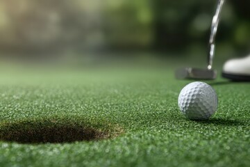 Golf player executes a precise putt on a lush green course as the ball approaches the hole during a sunny afternoon
