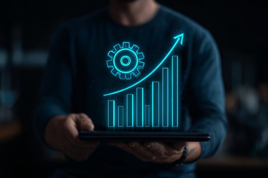 Man is holding a tablet with a graphic of a gear and a line graph. The graphic is blue. Concept of progress and growth - Powered by Adobe