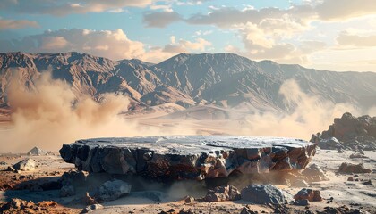 Floating Rock Platform in Dramatic Desert Landscape with Dust Storm and Mountains