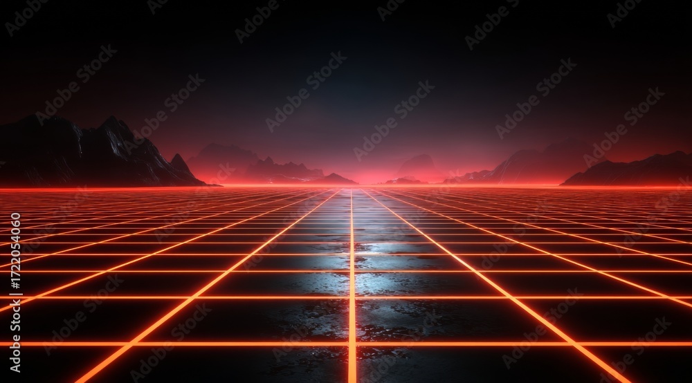 Poster Red and black background with a grid of squares and a mountain range in the background