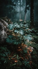 Obraz premium Plant is growing in the woods. The plant is green and has a lot of leaves. The leaves are spread out