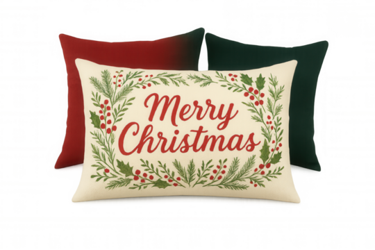 Christmas throw pillows with merry christmas typography and holly berry wreath on transparent background