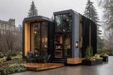 Small black house with a wooden exterior and a large window. The house is surrounded by a garden with potted plants