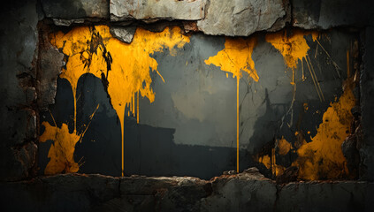 Wall with yellow paint splatters and a hole in it. The wall is made of concrete and has a rough texture