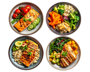 _Four neatly arranged ceramic plates placed side by side in a flat lay style, each pla 