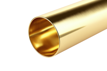 Golden metallic pipe cylinder isolated on white transparent background