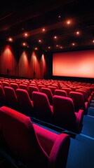 Fototapeta premium Empty cinema hall with red seats and dim lighting, preparing for a movie screening in a modern theater