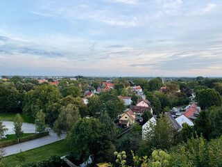 Panoramic view of a Dachau German town with colorful houses, green trees, and tranquil streets