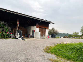 Farmyard barn with wood pile and scattered equipment in a rural Germany setting
