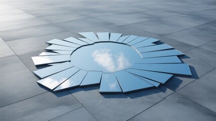 Mental health circular mirror art installation reflecting sky on gray tiled floor outdoor space