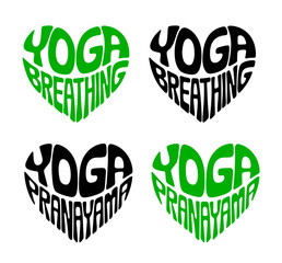 Heart-shaped sticker set featuring "YOGA BREATHING" "YOGA PRANAYAMA" in colorful and black design for healhy breathing practices promotion