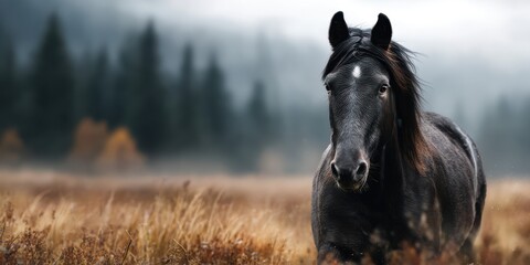 Black horse walking through a misty meadow surrounded by trees in late afternoon light