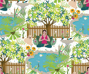A peaceful, quiet morning view. Woman in the garden, meditating, with the company of her dog.
