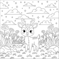 Obraz premium Cute baby deer coloring page. Adorable cartoon animal illustration. Sweet baby deer standing in a field of flowers under a starry night sky with clouds and stars.