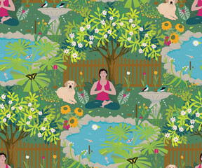 A peaceful, quiet morning view. Woman in the garden, meditating, with the company of her dog.