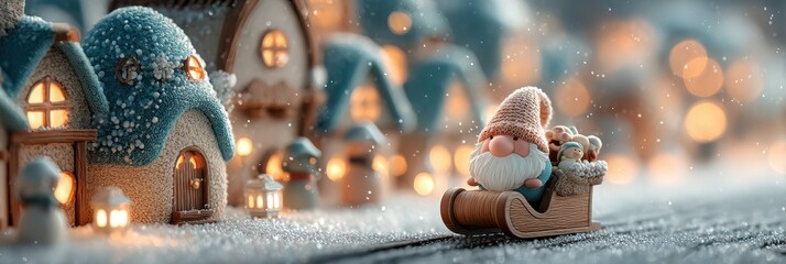 Christmas village scene with a jolly Santa Claus and a child on a sled surrounded by charming houses