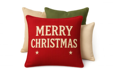 Red merry christmas pillow with star accents, stacking with green and beige cushions, celebrating holiday home decor
