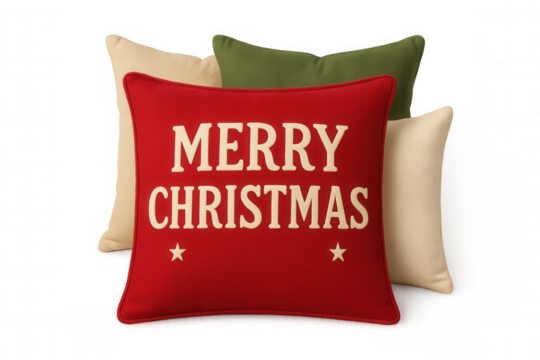 Red merry christmas pillow with star accents, stacking with green and beige cushions, celebrating holiday home decor