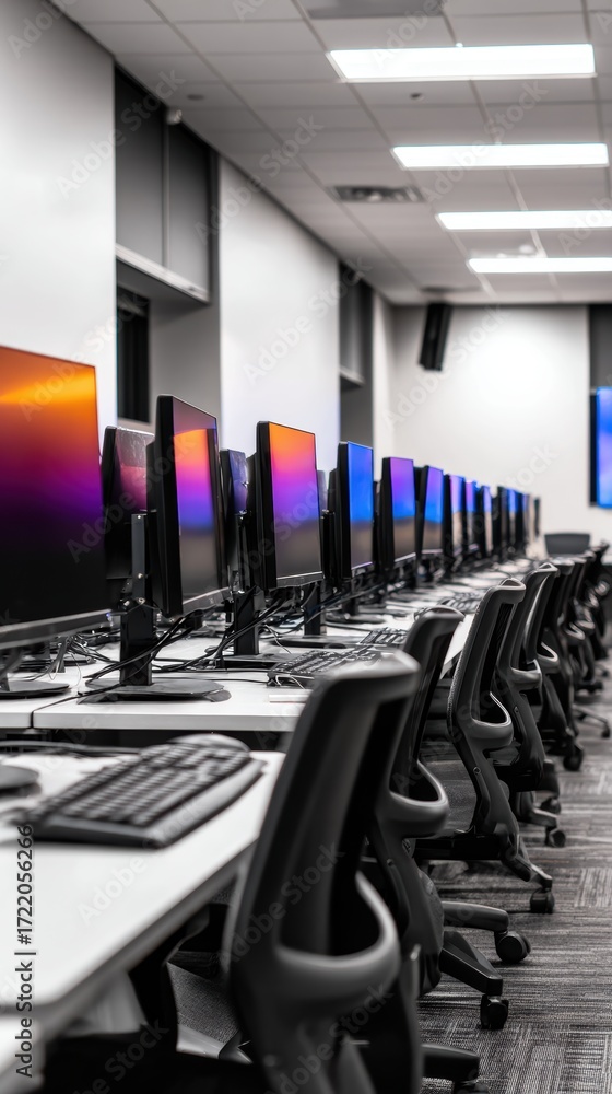 Poster modern computer lab with multiple workstations showcasing vibrant screens and organized setup