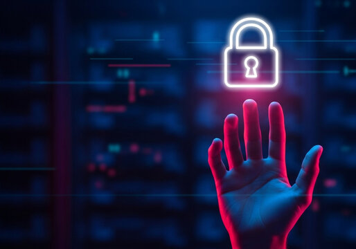A hand reaching for a glowing lock icon against a server room background, perfect for data center security, access control, and network protection